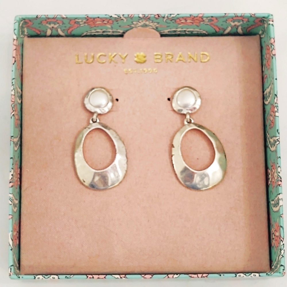Designer Lucky Brand Silver Dangle Earrings with Pearl Drops- New in Box
